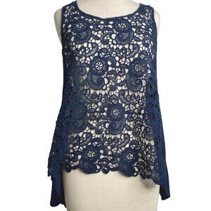 Tunic Top Shabby Chic Cottagecore Crochet Sleeveless Boho  in Navy Medium